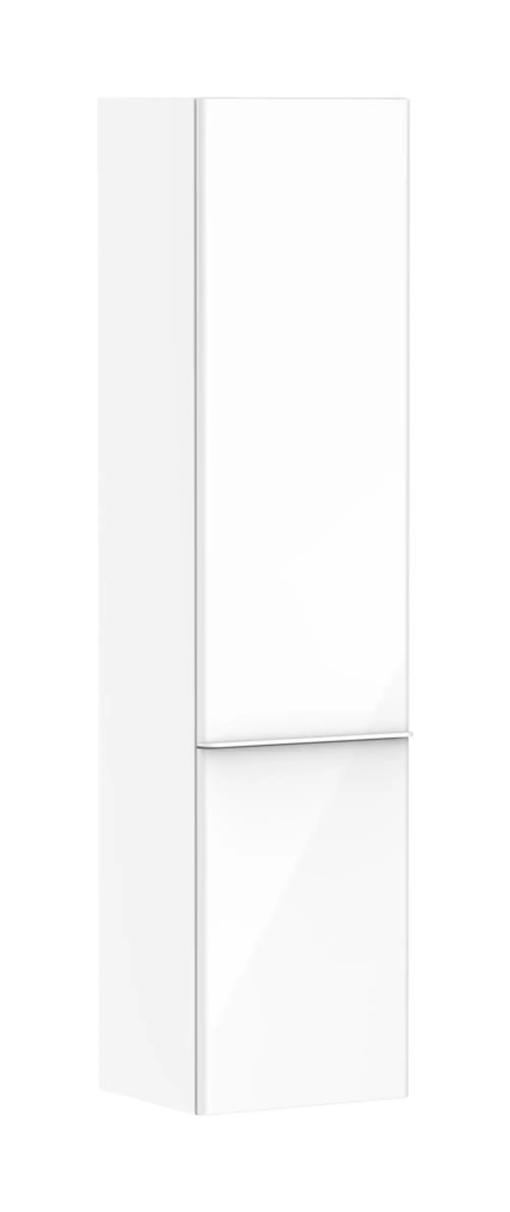 Schmaler, hochformatiger Hochschrank in Hochglanzweiß von Hansgrohe mit zwei Türen, die links angeschlagen sind, ohne sichtbare Griffe. Ideal für Badezimmer oder Küchen.